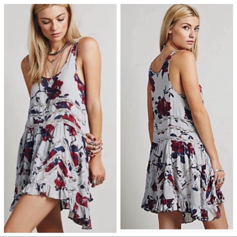 FREE PEOPLE voile TRAPEZE DRESS slip Floral tunic print women’s XS LACE romantic - Picture 1 of 13